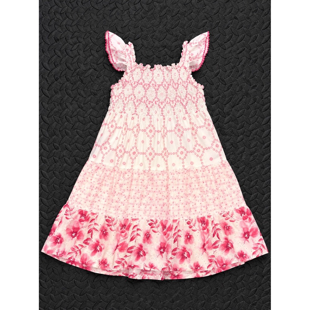 Penelope Mack Girls Pink White Floral Smocked Tiered Sundress Size 4
